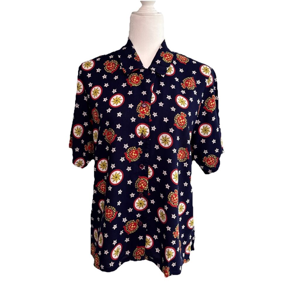 VTG Pendleton Button Front Top Women 10P Blue Stars Short Sleeve Patriot Nautica